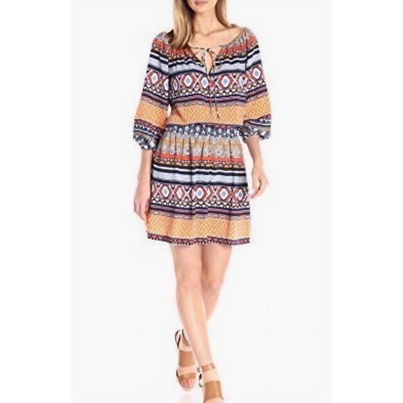 Betsey Johnson Dress Womens 8 Peasant Smocked Waist Boho Aztec - Picture 1 of 8